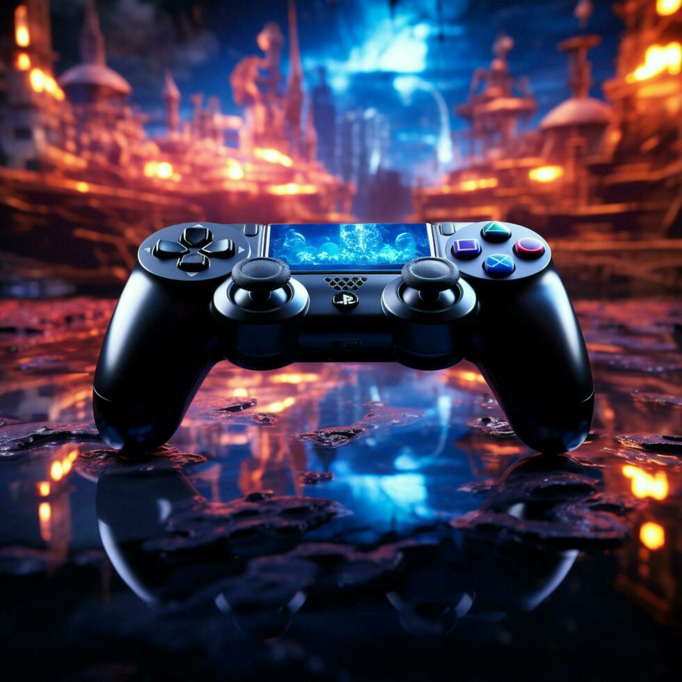 Late night gaming blue themed video game, close up of joystick, entering virtual realm For Social Media Post Size AI Generated photo