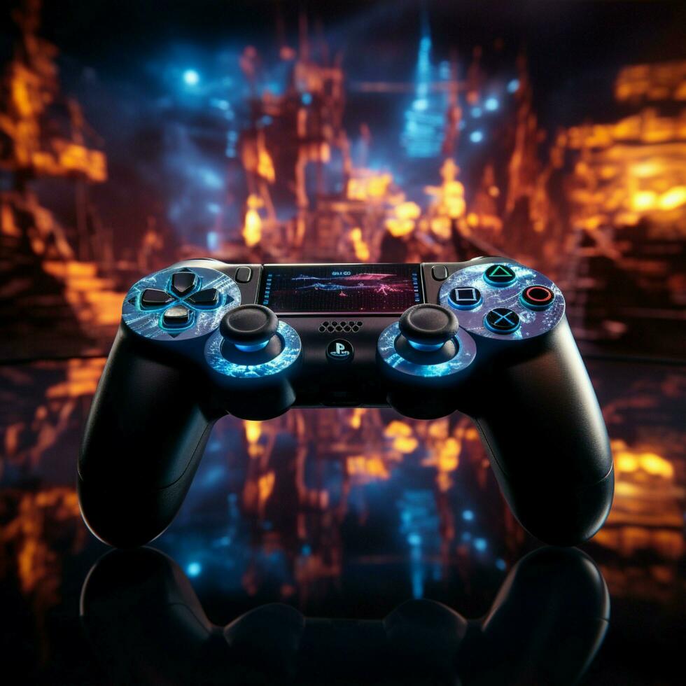 Late night gaming blue themed video game, close up of joystick, entering virtual realm For Social Media Post Size AI Generated photo