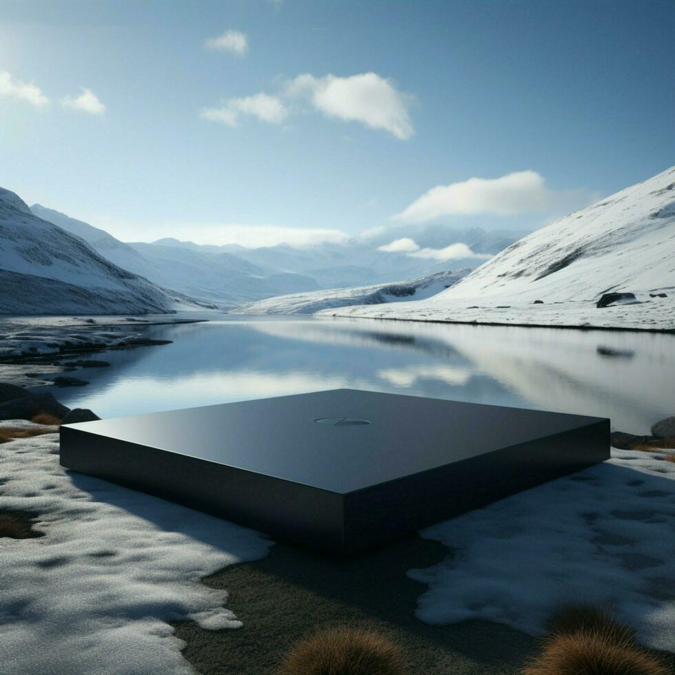 Lonely black stone slab, stands alone on snowy white expanse, minimalist elegance For Social Media Post Size AI Generated photo