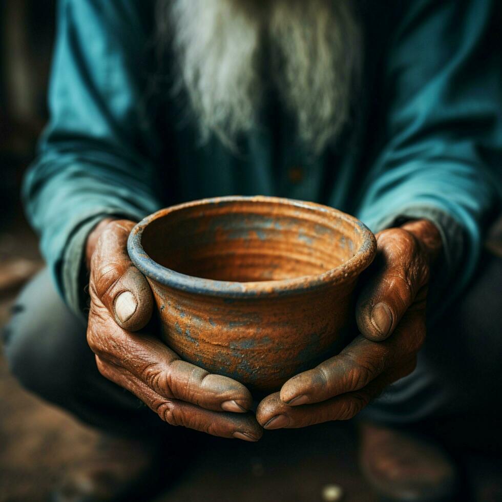 Aged hands clutch empty bowl, selective focus conveying the harshness of poverty For Social Media Post Size AI Generated photo