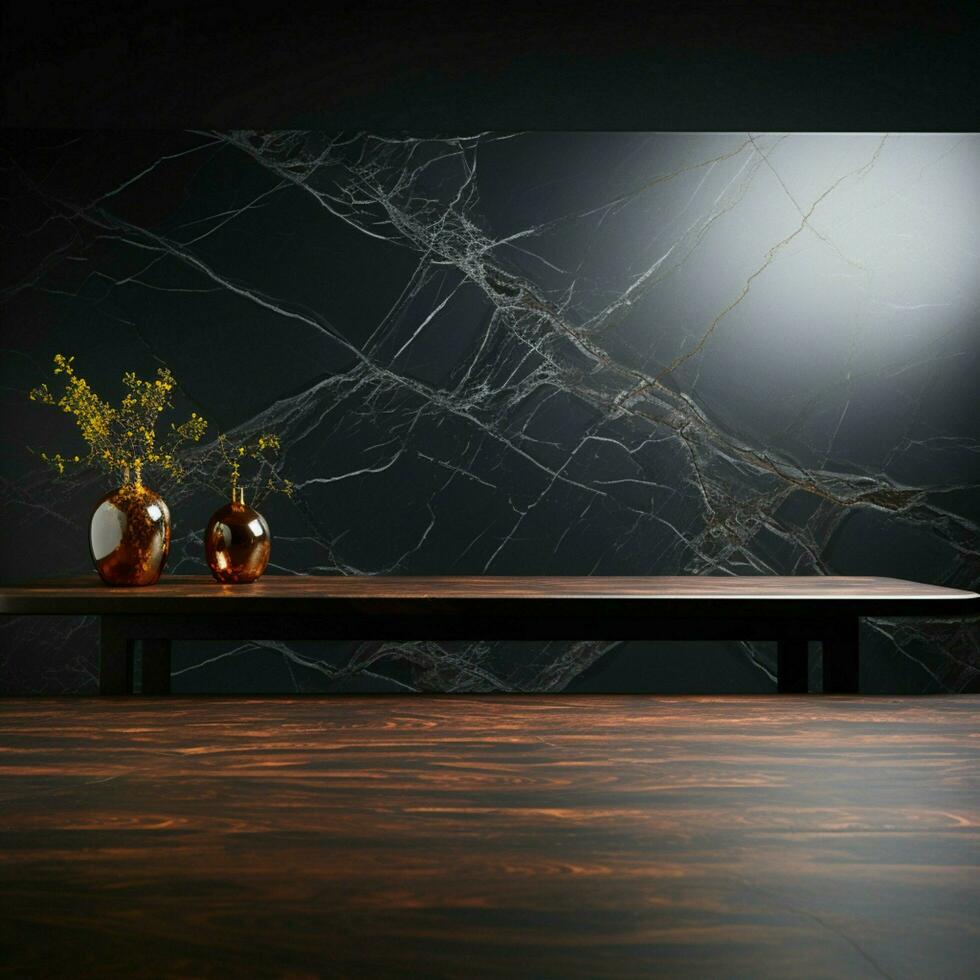 Lonely table, sleek marble, ebony counter, against dark backdrop For Social Media Post Size AI Generated photo