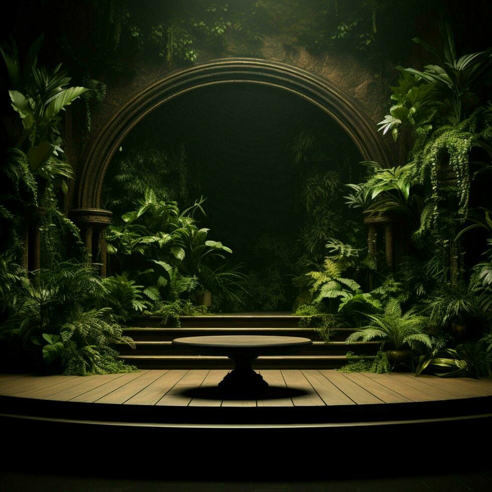 Lush plant sets the backdrop for a wooden stage, life and art intertwined For Social Media Post Size AI Generated photo