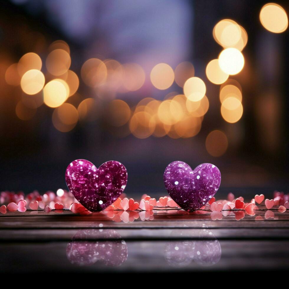 Magenta themed Valentines scene sparkling bokeh, pink red hearts in panoramic expanse For Social Media Post Size AI Generated photo