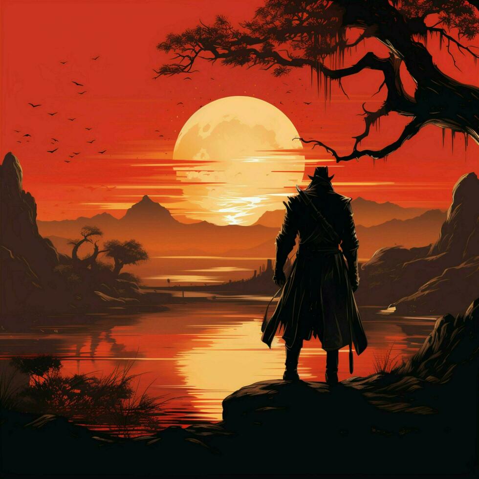 Majestic silhouette, samurai poised at sunset, an iconic stance against vibrant backdrop For Social Media Post Size AI Generated photo