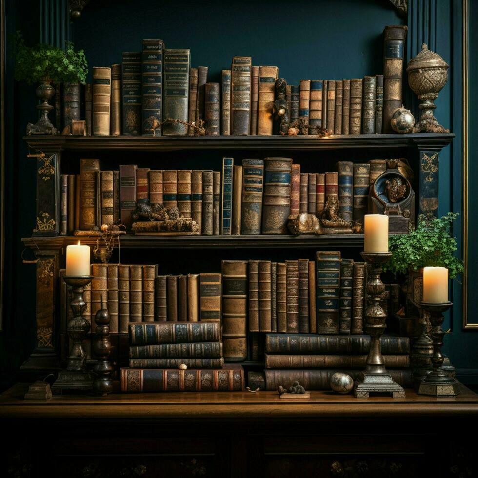 Myriad old books rest on shelves, conjuring intellectual richness within the library For Social Media Post Size AI Generated photo