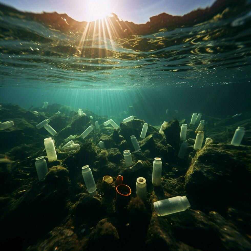 Open sea tainted by plastic bottles and microplastics, symbolizing marine plastic pollution For Social Media Post Size AI Generated photo