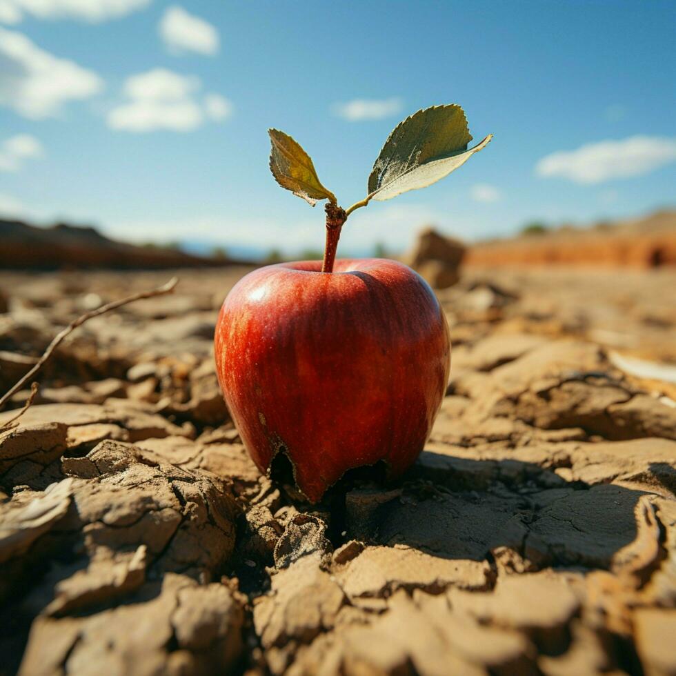 manzana en tostado Desierto suelo transporta comida inseguridad, agua escasez, agrícola crisis para social medios de comunicación enviar Talla ai generado foto