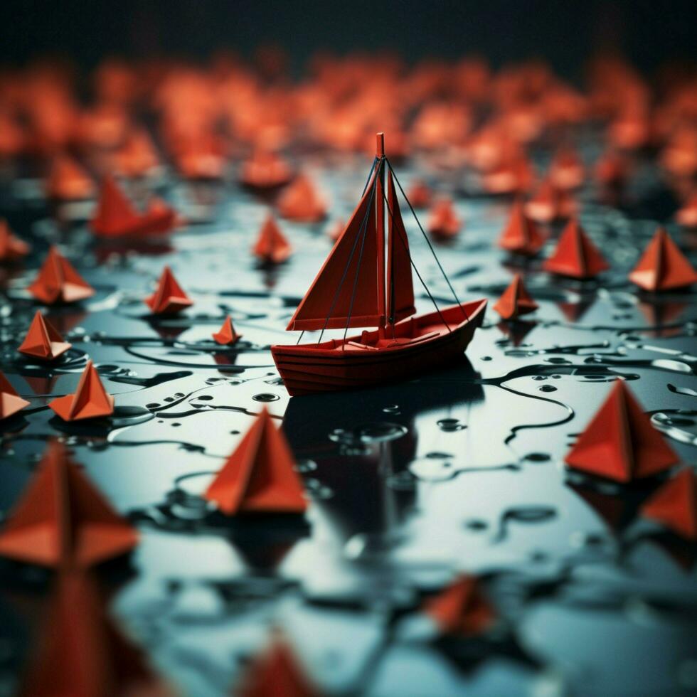 Paper boats following a red leader boat on world map Concept for leadership, teamwork and winning success For Social Media Post Size AI Generated photo