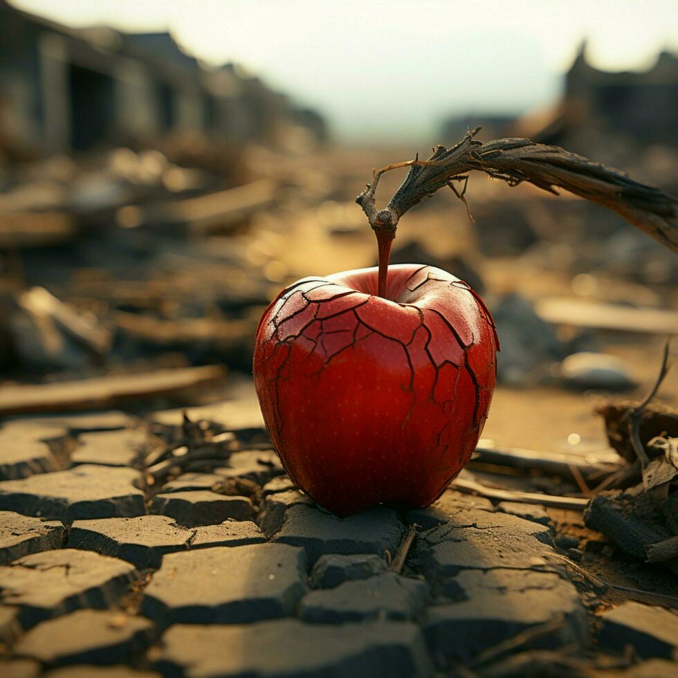 Apple rests on arid soil, symbolizing hunger, water scarcity, and agricultural challenges For Social Media Post Size AI Generated photo