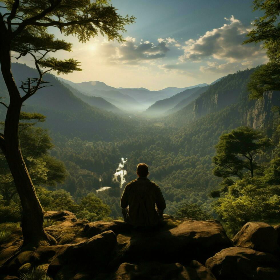 Perched above woods, man sits, back towards sprawling nature vista For Social Media Post Size AI Generated photo