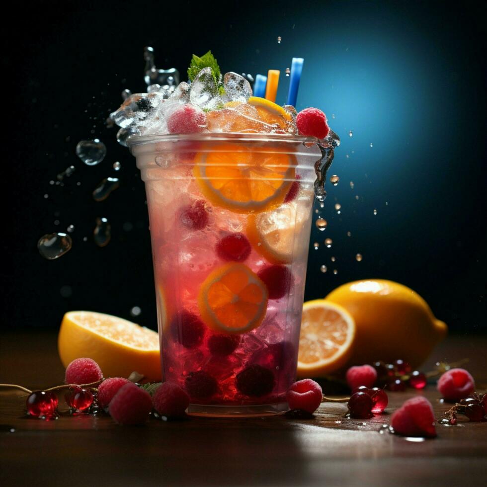 el plastico taza magia, congelado Fruta granizados, un Estallar de color y frescura para social medios de comunicación enviar Talla ai generado foto