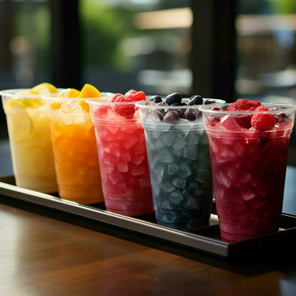 Plastic cups hold frozen fruit slushies, aligned in a colorful, frosty row For Social Media Post Size AI Generated photo