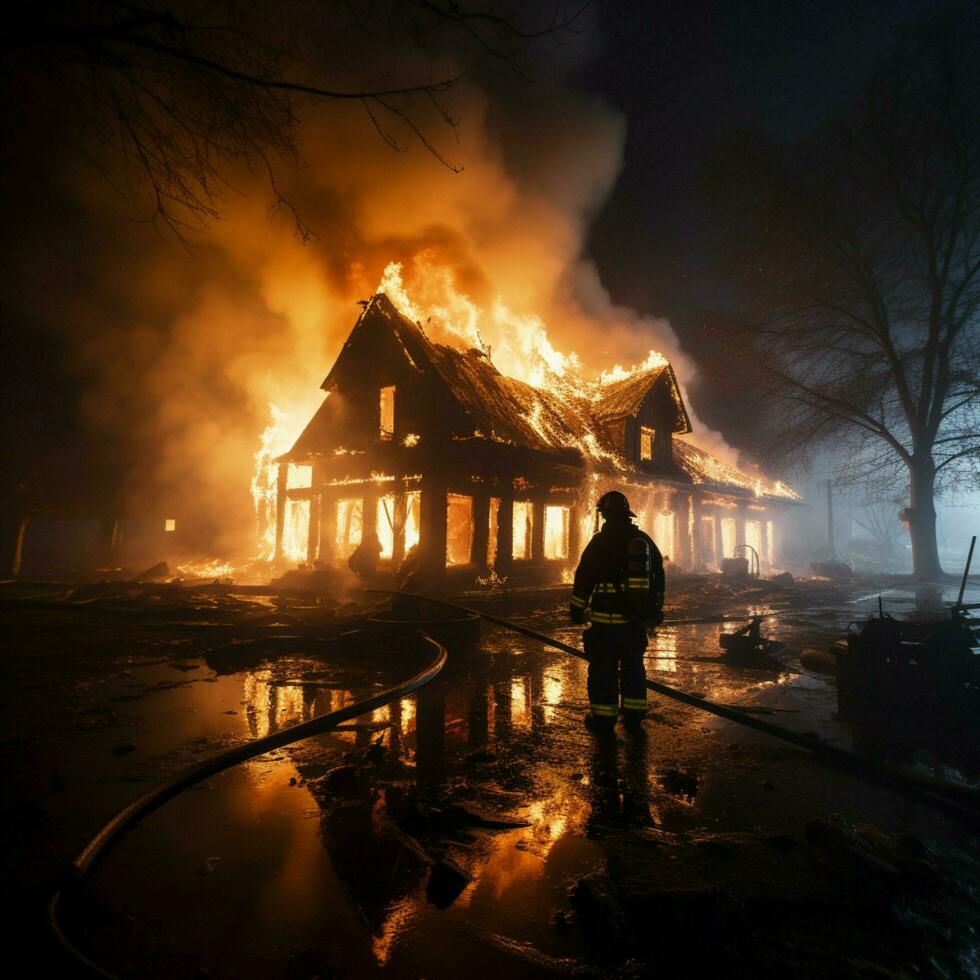 Rescuer battles smoldering embers in burnt out house, water providing essential aid For Social Media Post Size AI Generated photo