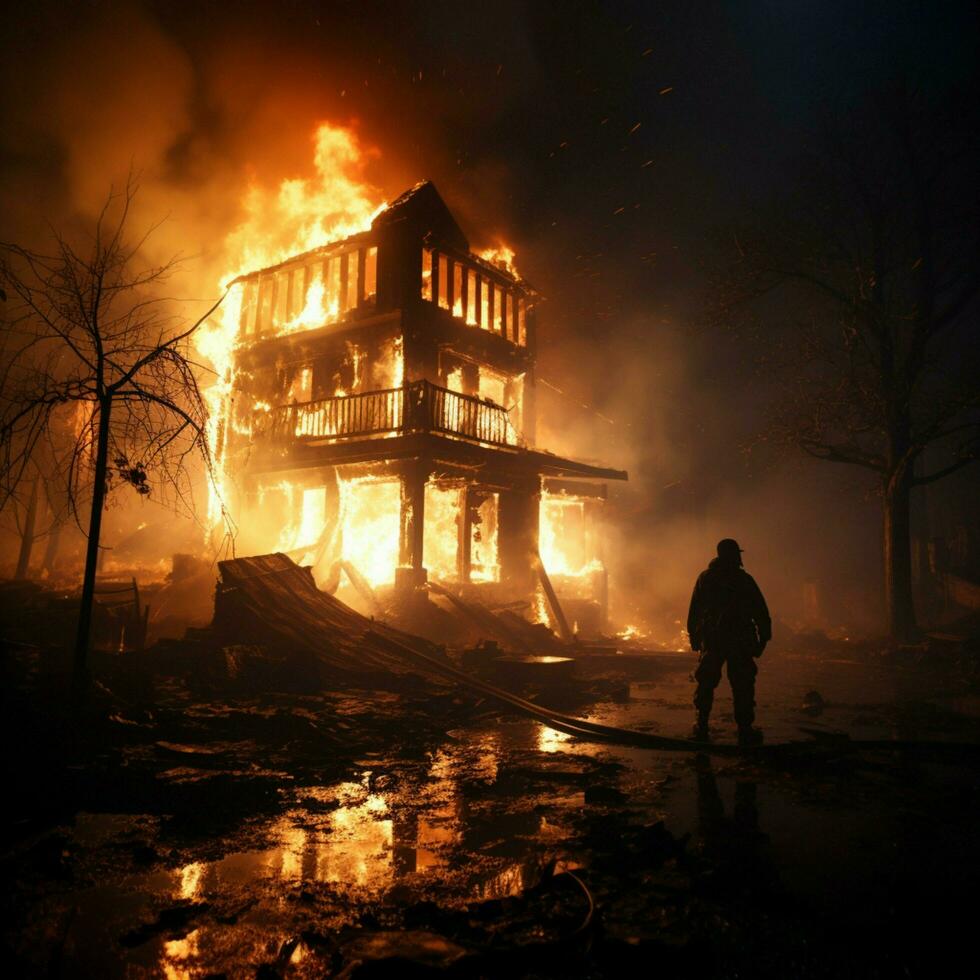 Rescuer battles smoldering embers in burnt out house, water providing essential aid For Social Media Post Size AI Generated photo