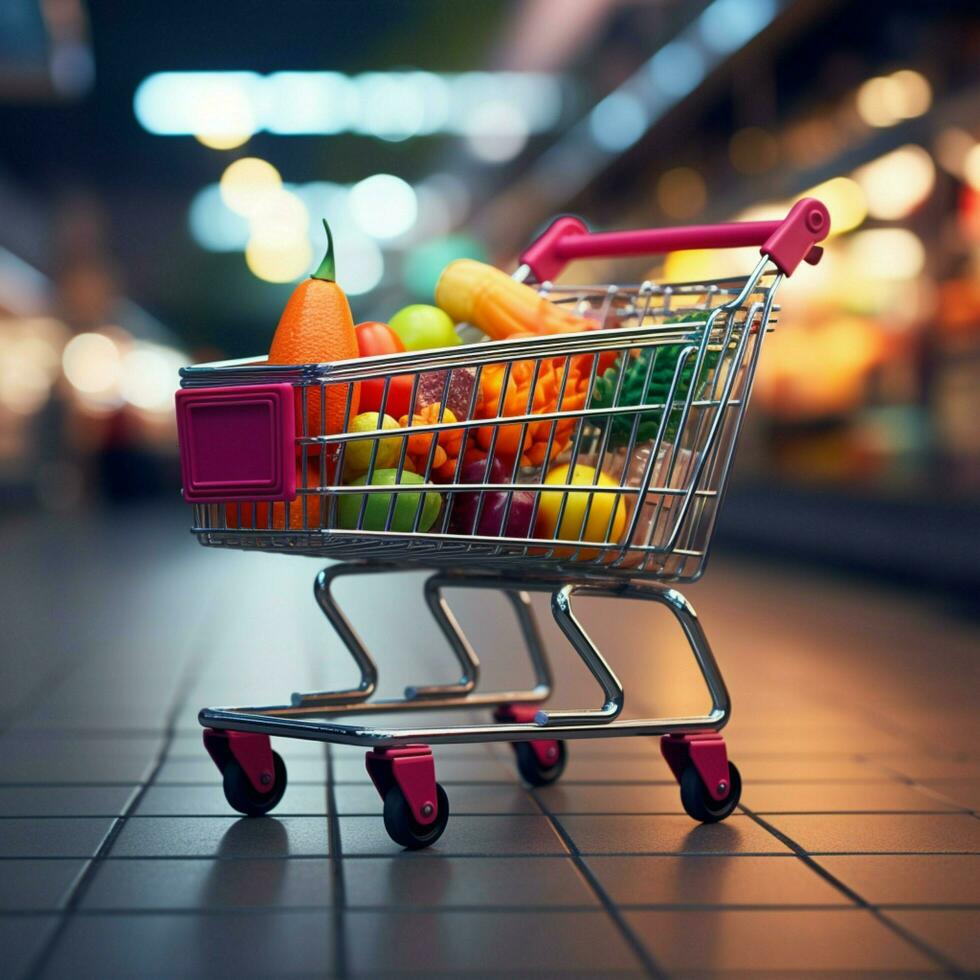 Retail immersion Shopping cart navigates supermarket, blending with blurred store bokeh For Social Media Post Size AI Generated photo