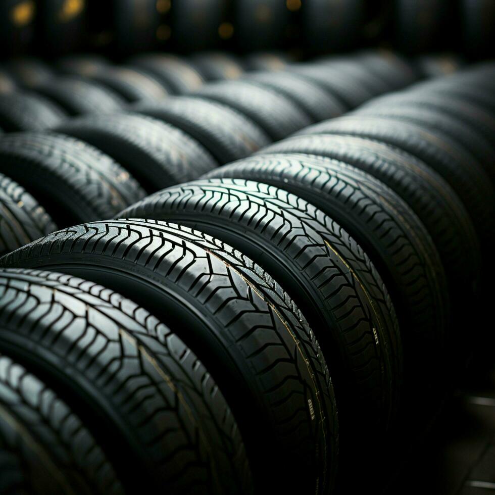 Rubber inventory Close up of bulk car tires in store, tire shop backdrop For Social Media Post Size AI Generated photo