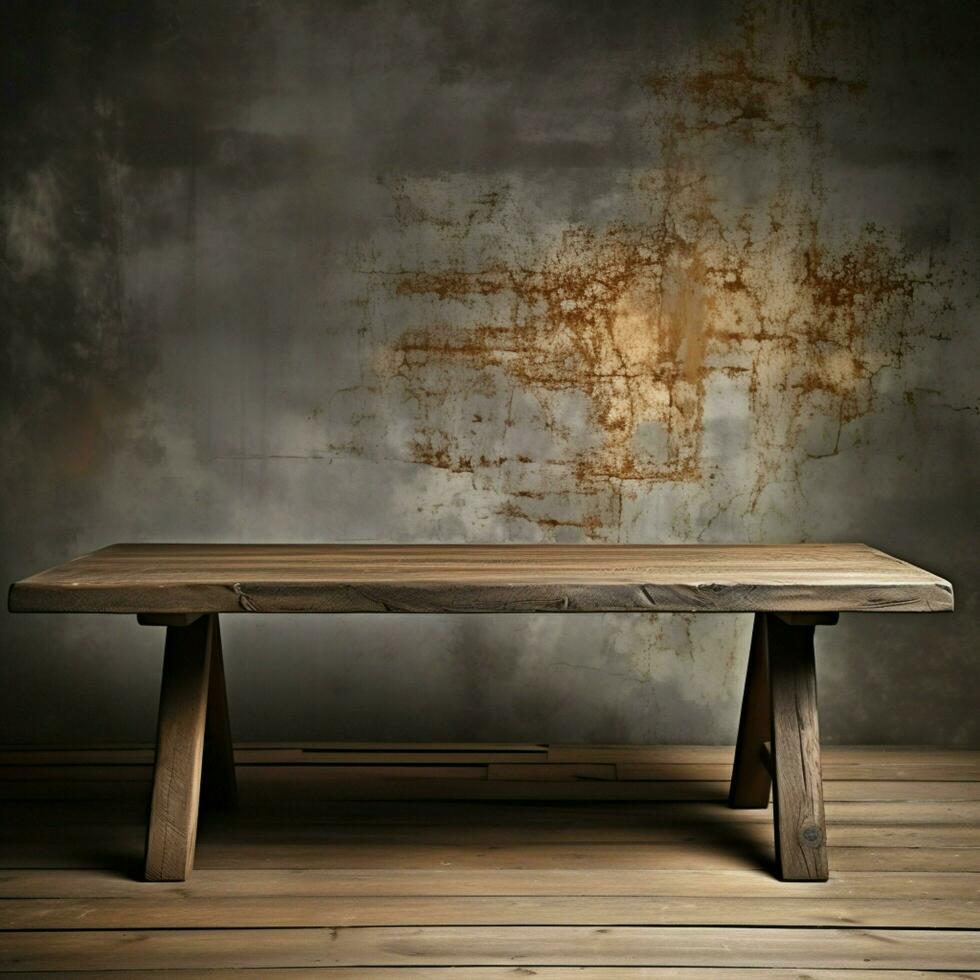 Rustic wood table surface complemented with grunge concrete textured wall For Social Media Post Size AI Generated photo