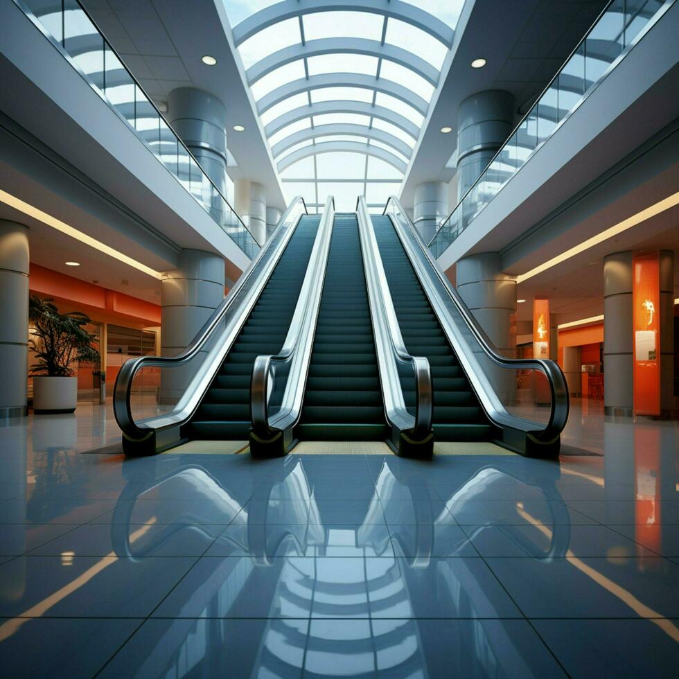 arquitectónico característica detallado Disparo vitrinas escalera mecánica en moderno edificio o subterraneo estación para social medios de comunicación enviar Talla ai generado foto