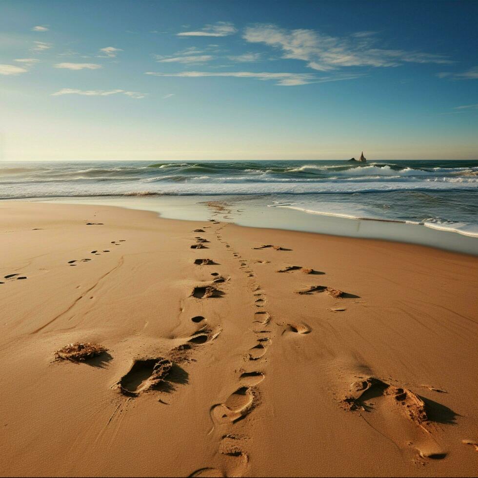 Sand bound history, footprints on ocean beach carry whispers of past seaside sojourns For Social Media Post Size AI Generated photo