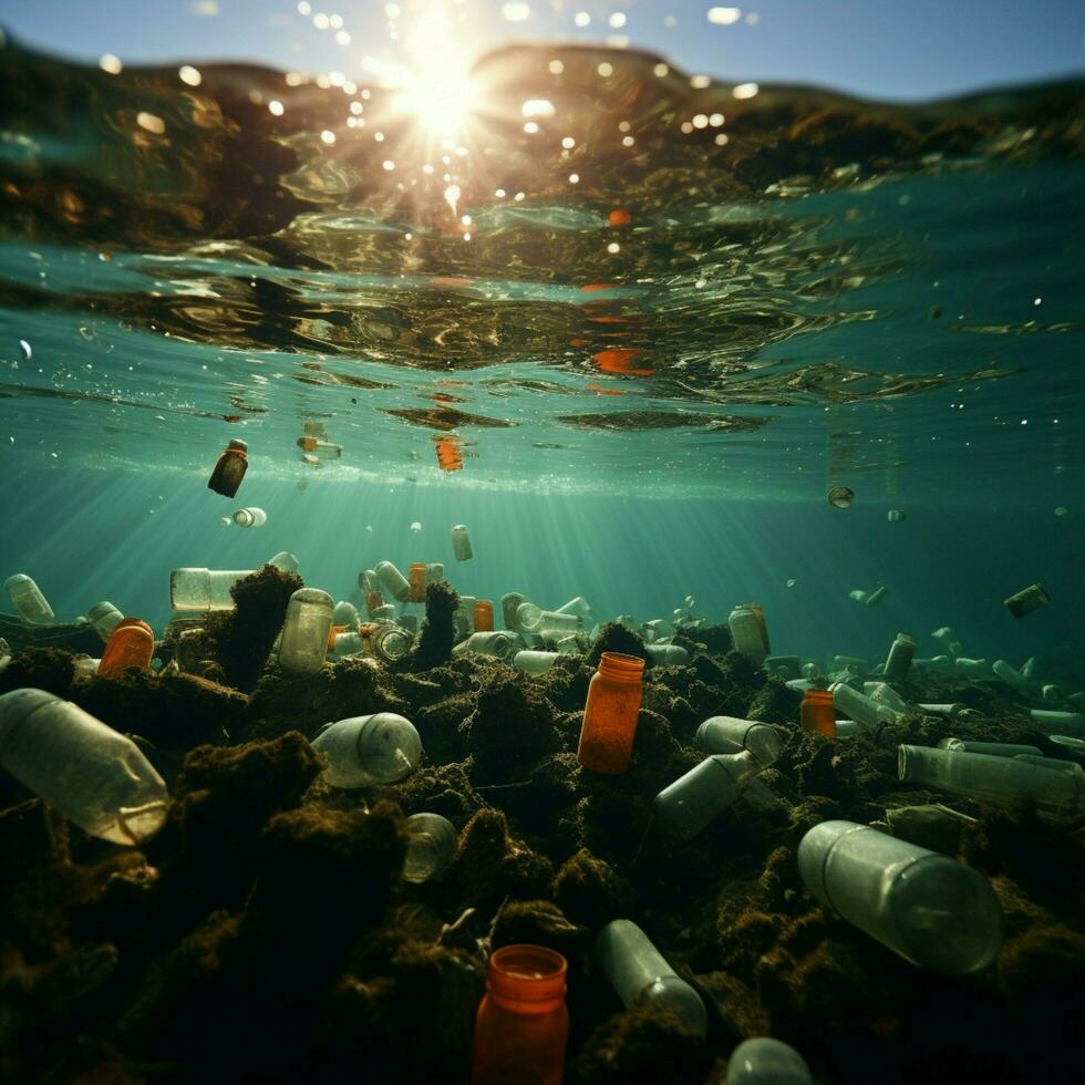 Sea tainted with plastic bottles, portraying natures degradation and environmental pollution For Social Media Post Size AI Generated photo