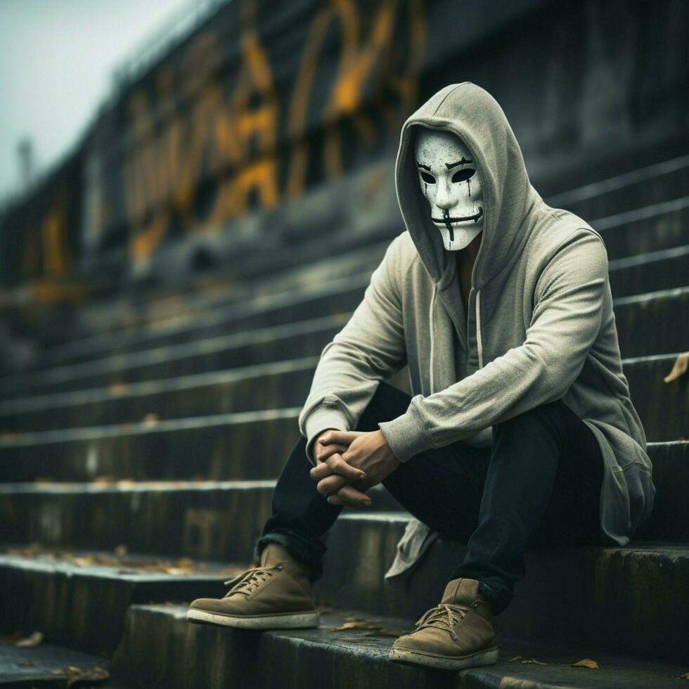 sentado hombre mascaras sentimientos, encaramado en pasos en introspectivo urbano ambiente para social medios de comunicación enviar Talla ai generado foto