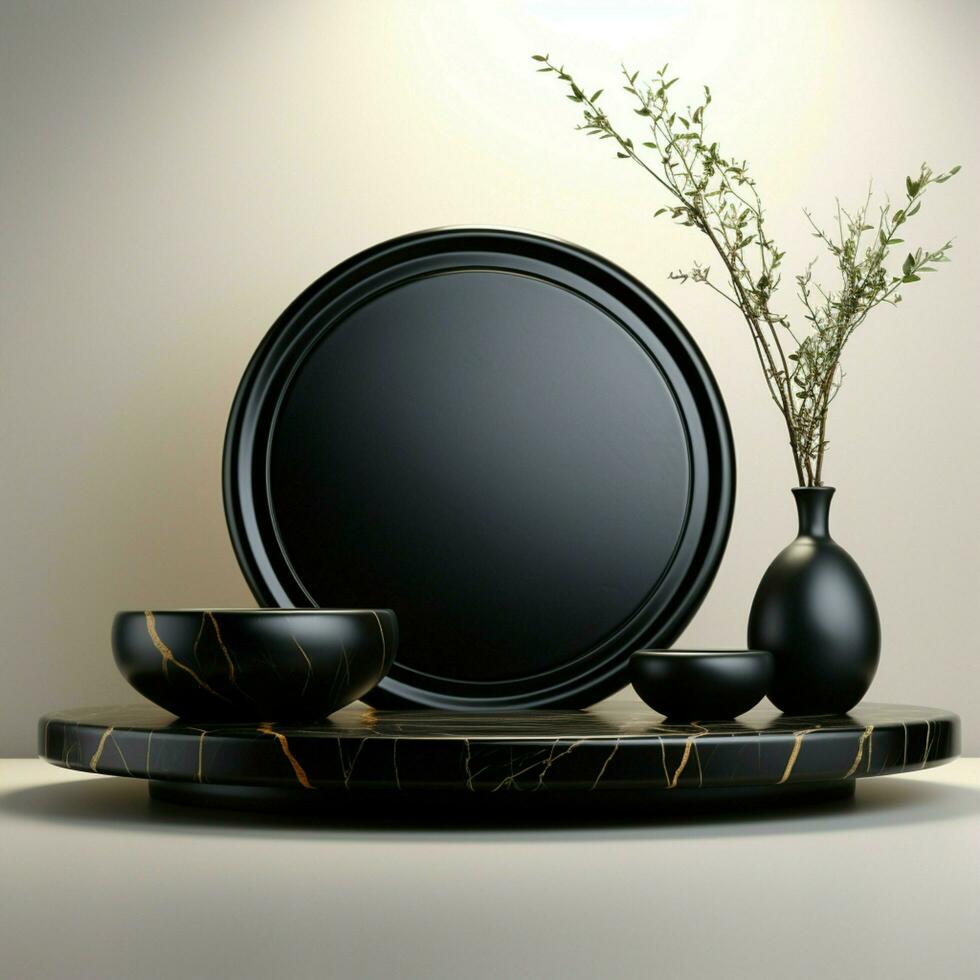 Sleek ebony ceramics, marble platform, against backdrop of white wall For Social Media Post Size AI Generated photo