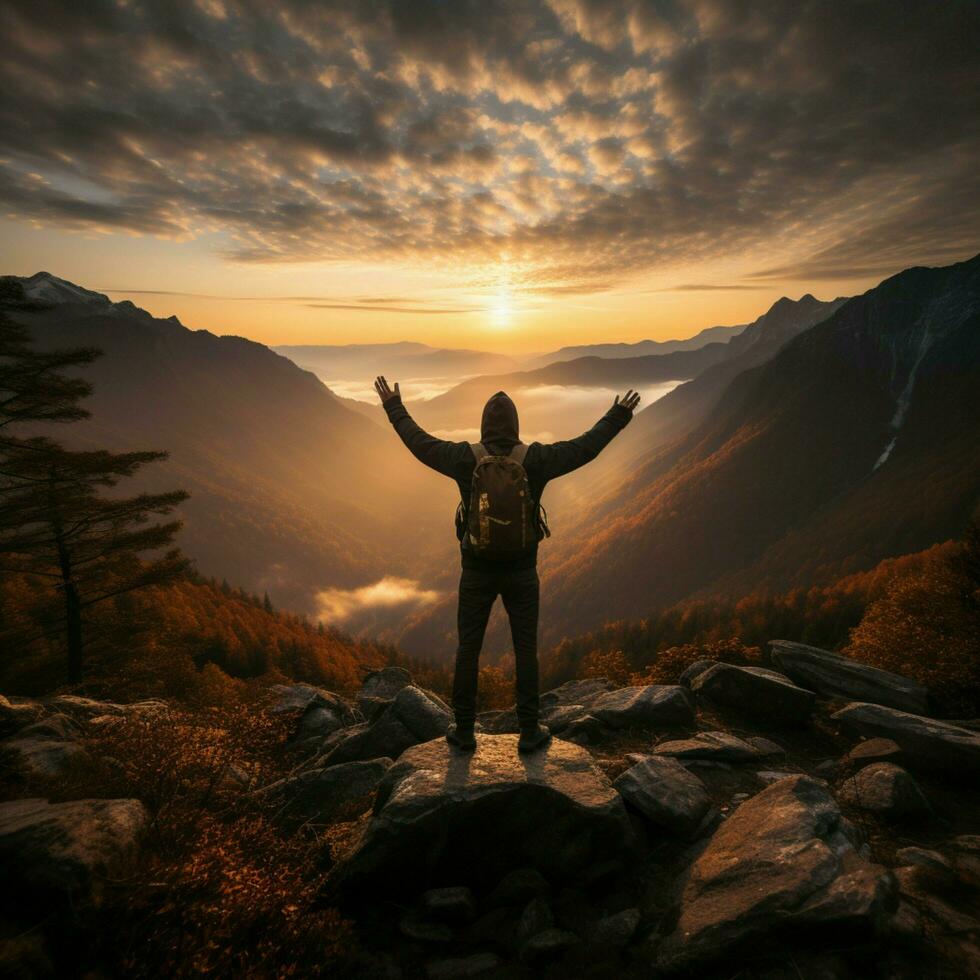 Slim backpacker revels in foggy mountain panorama, arms raised against vivid morning sky For Social Media Post Size AI Generated photo