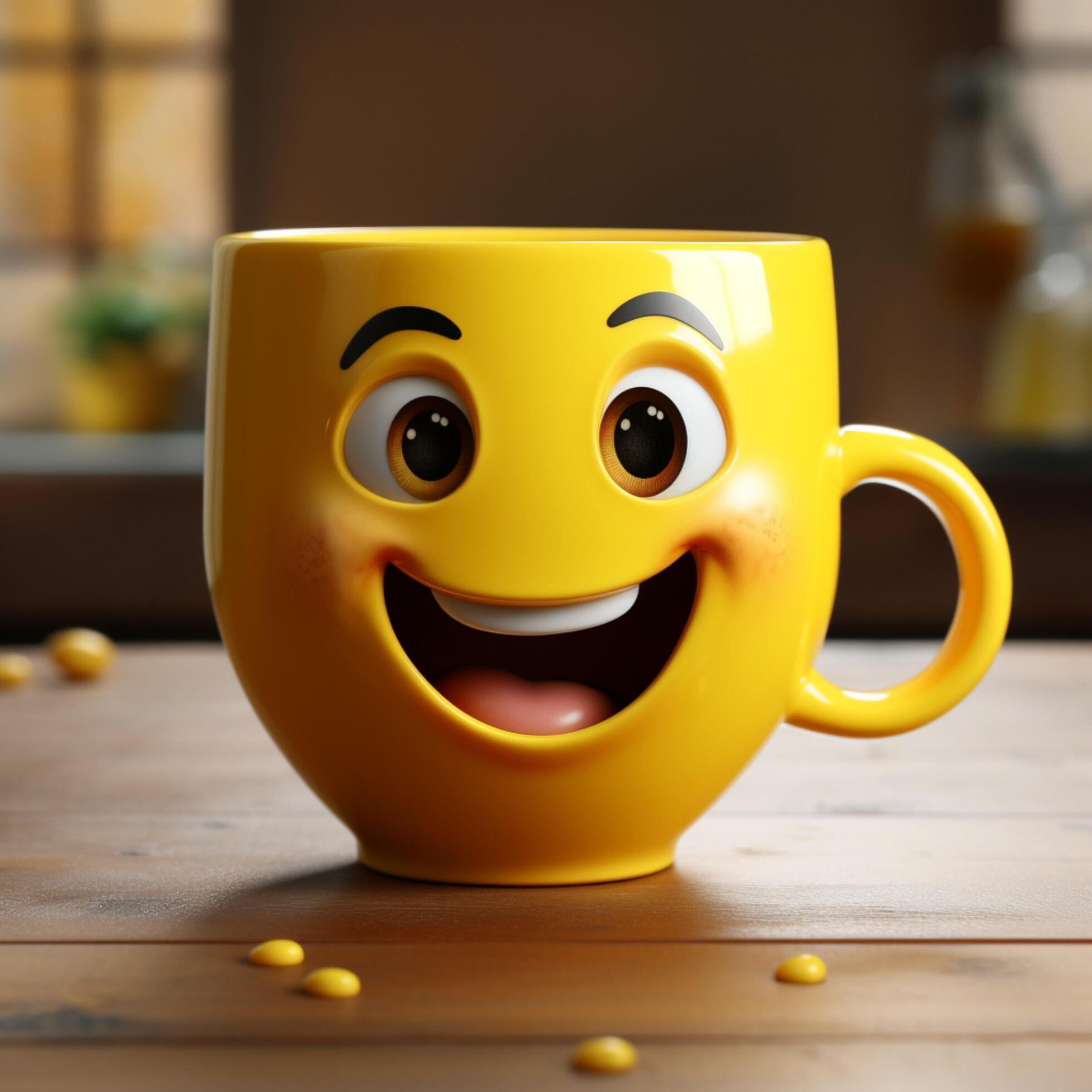 Smiling java cup character shines on yellow A cute face with copy space ...