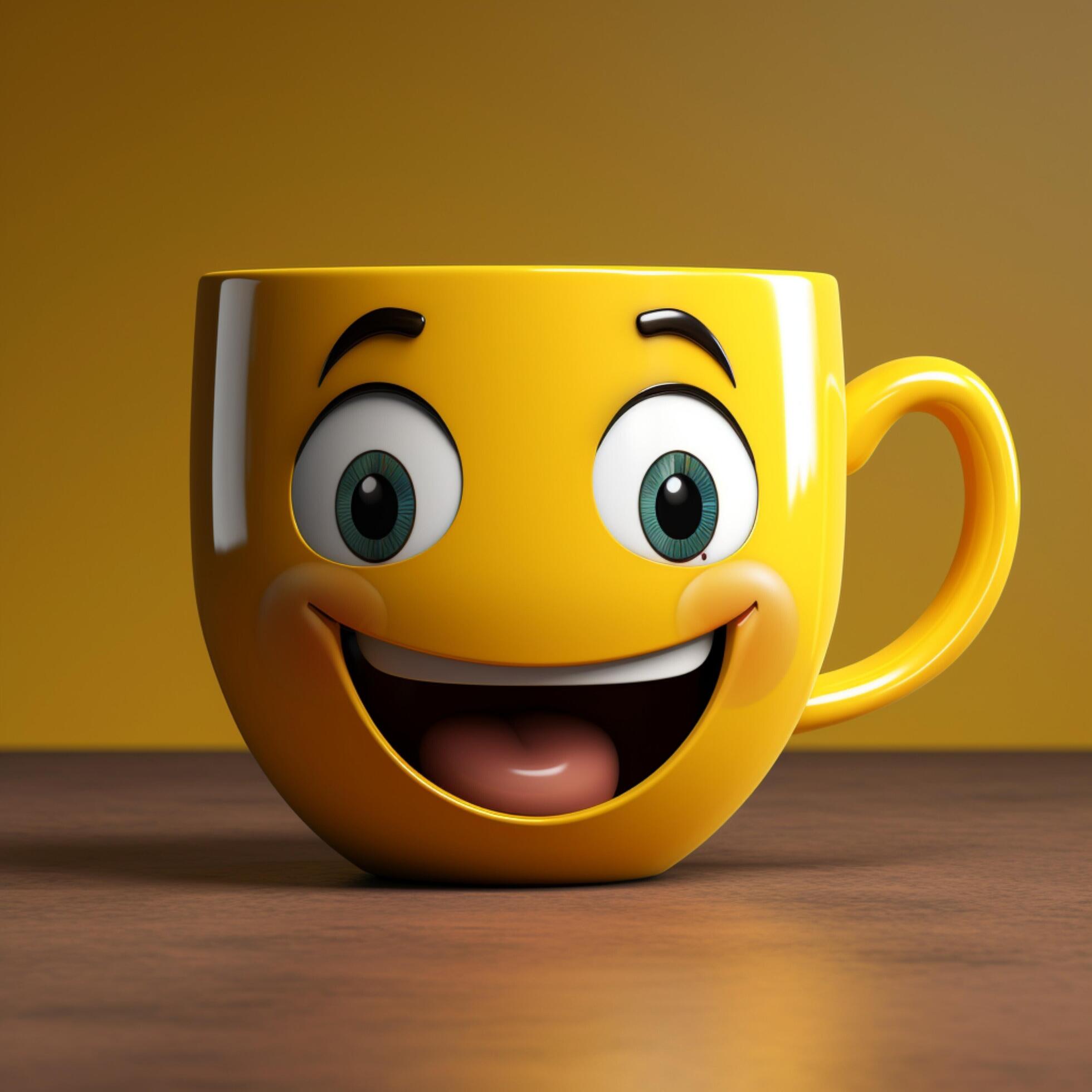 Smiling java cup character shines on yellow A cute face with copy space ...