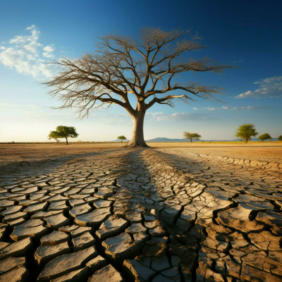 solitario árbol crece en agrietado tierra, ejemplificando clima cambios sequía impulsado Consecuencias para social medios de comunicación enviar Talla ai generado foto