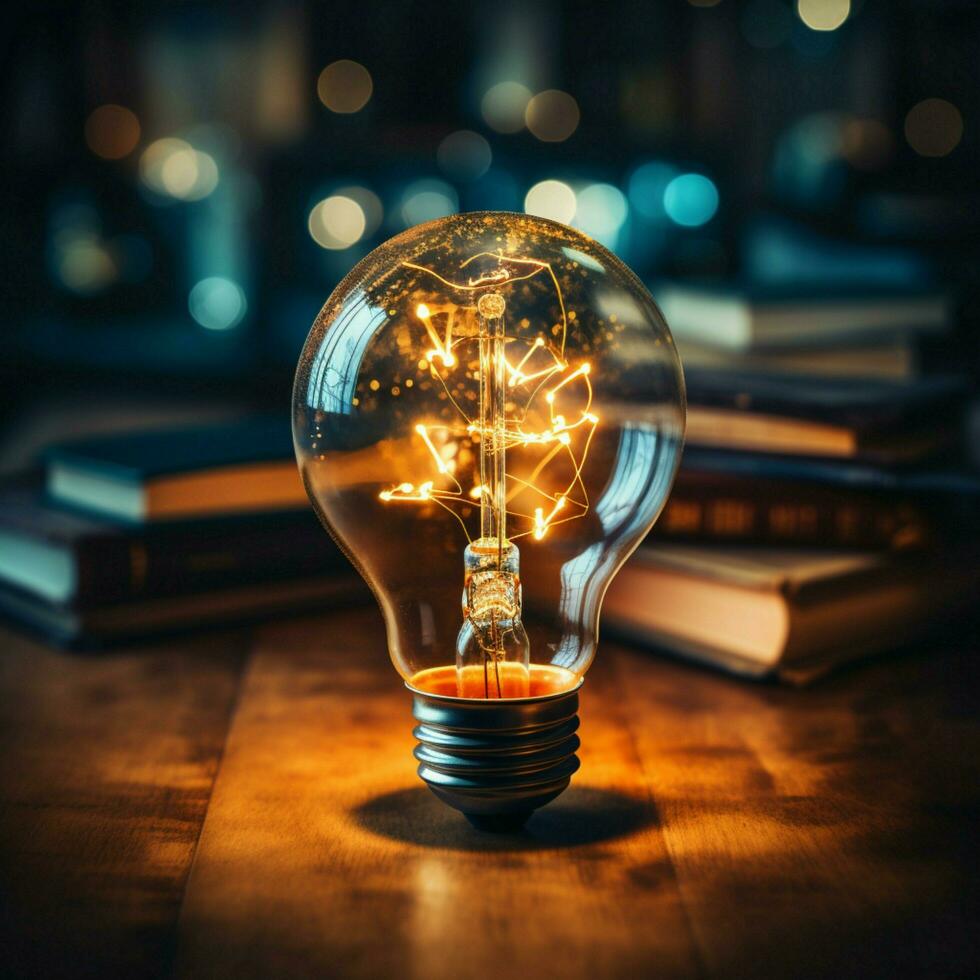 Spark of ideas Glowing bulb over book symbolizes inspiration, innovation, and empowered learning For Social Media Post Size AI Generated photo