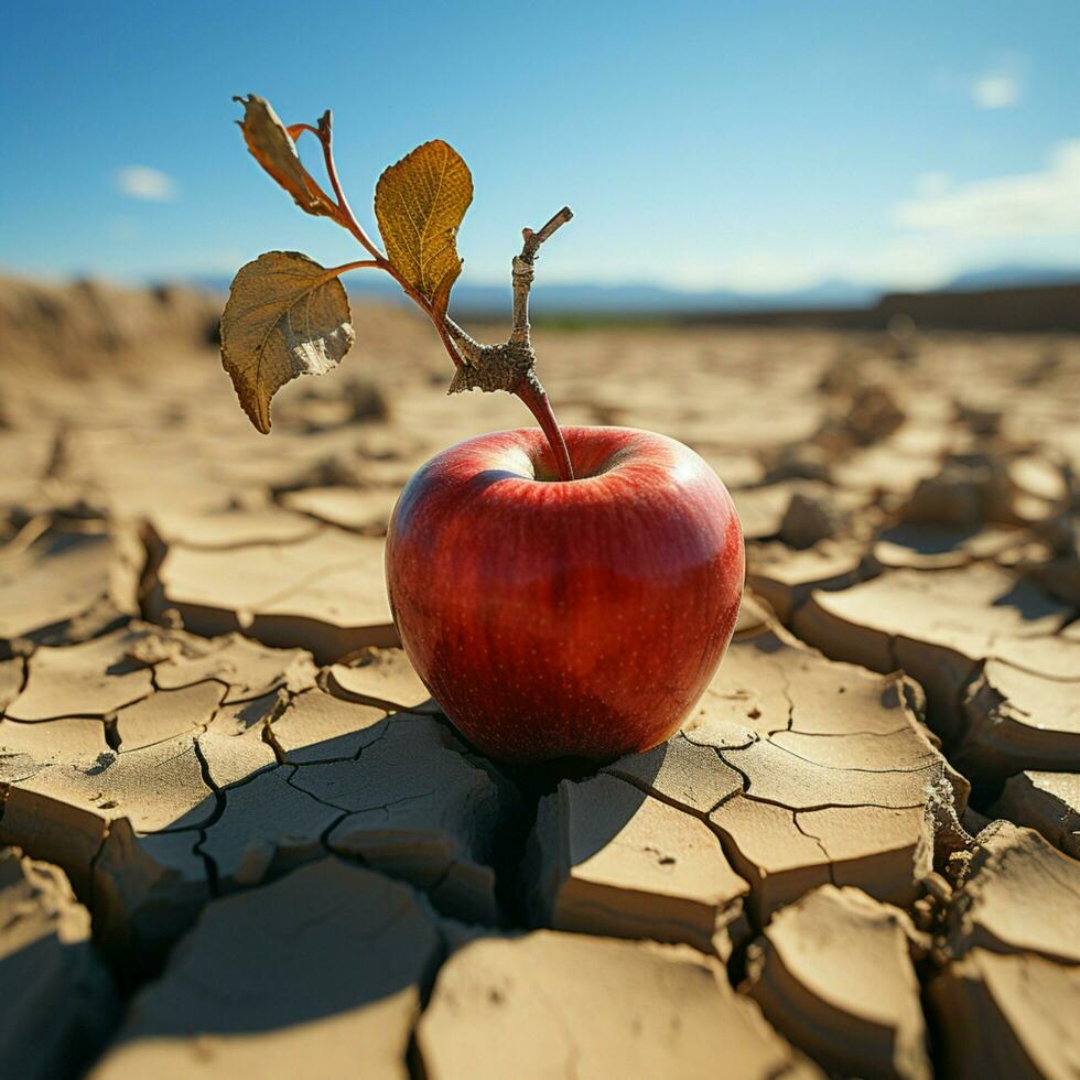 árido paisaje manzana en agrietado suelo representa comida inseguridad, agua escasez, agrícola crisis para social medios de comunicación enviar Talla ai generado foto