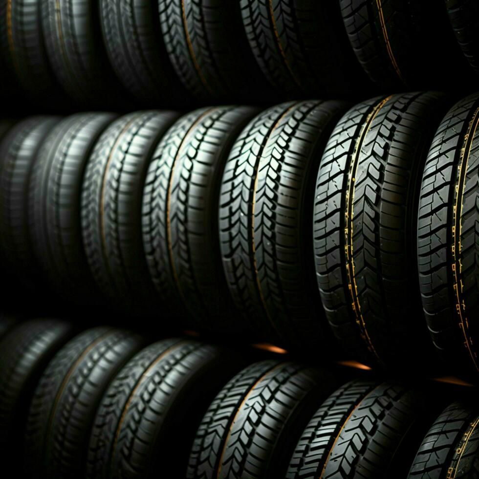 Storefront selection Closeup view of assorted car tires in shop display For Social Media Post Size AI Generated photo