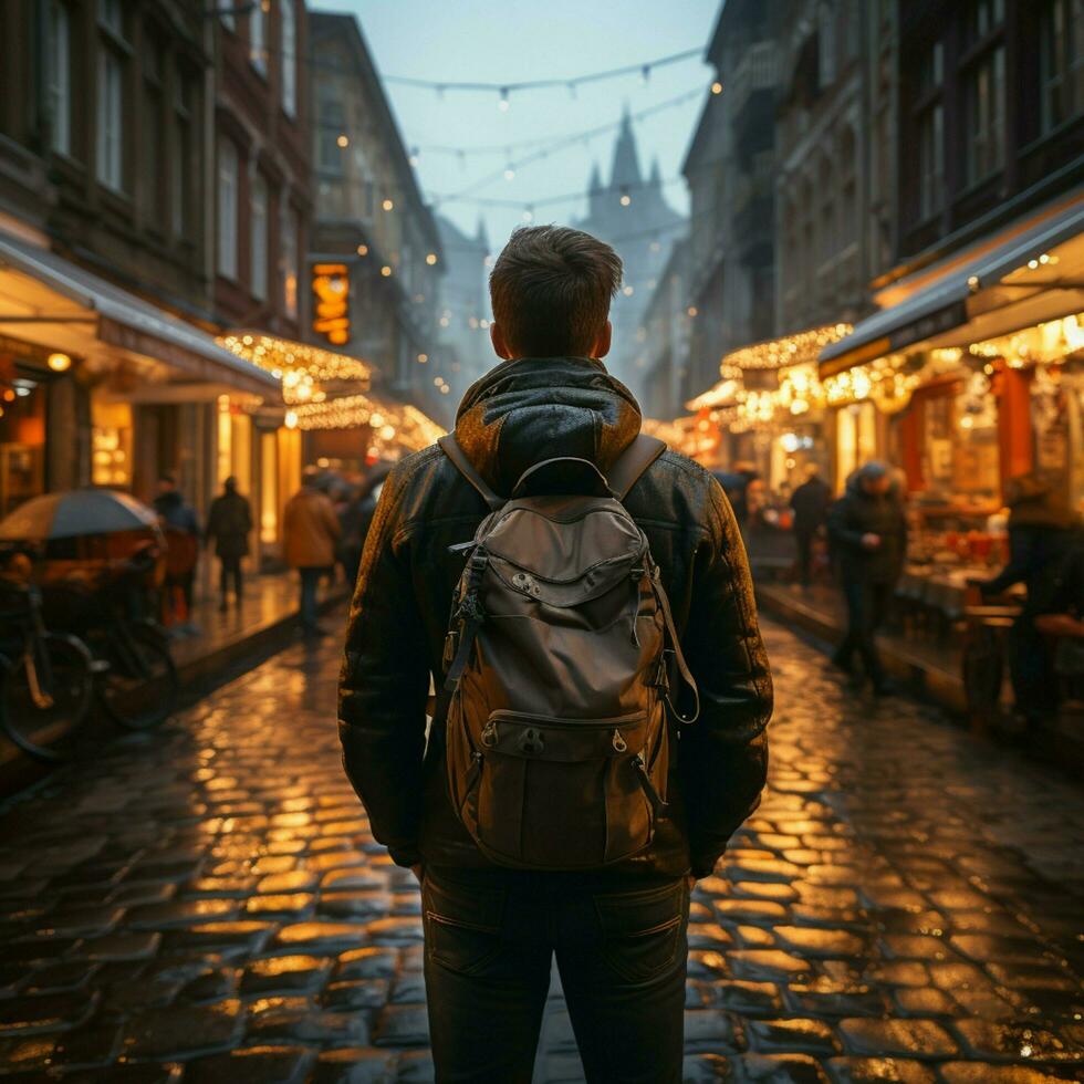 Street storyteller, rear view of photographer with camera amid lively urban backdrop For Social Media Post Size AI Generated photo