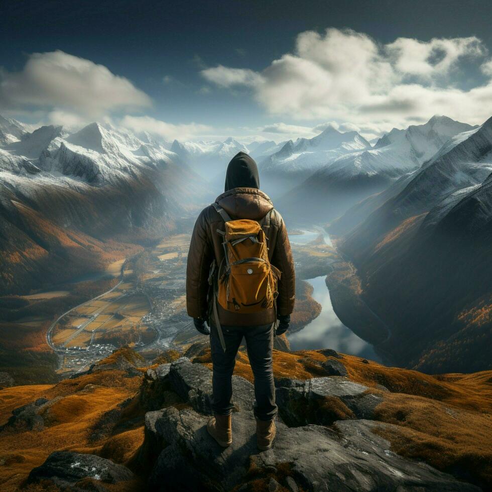 Summit serenity, hiker on mountain expedition, appreciating panoramic view from behind For Social Media Post Size AI Generated photo