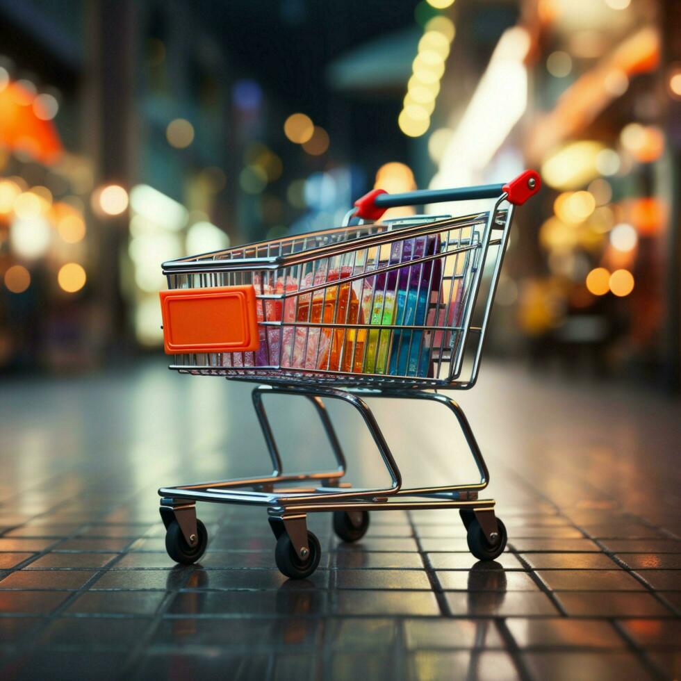 Supermarket spree Shopping cart against blurred store bokeh backdrop captures retail ambiance For Social Media Post Size AI Generated photo