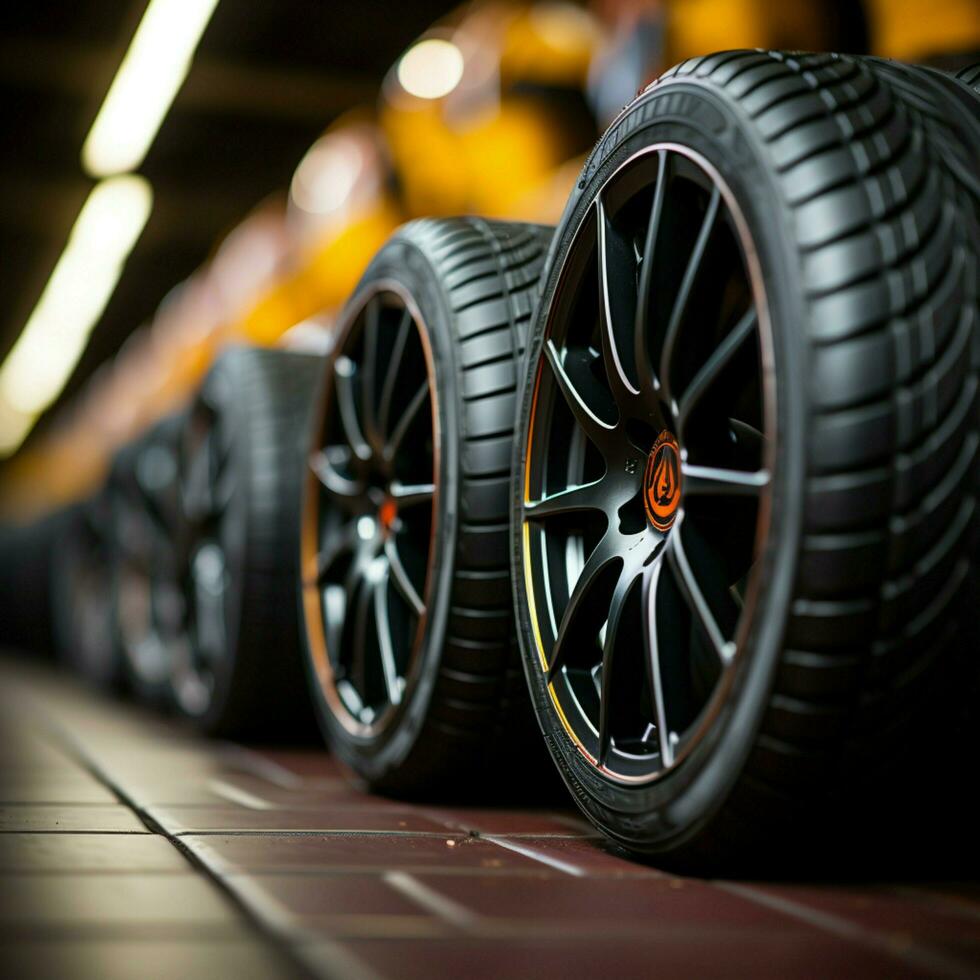 Tire emporium Close up of bulk car tires in shop, showcasing variety For Social Media Post Size AI Generated photo