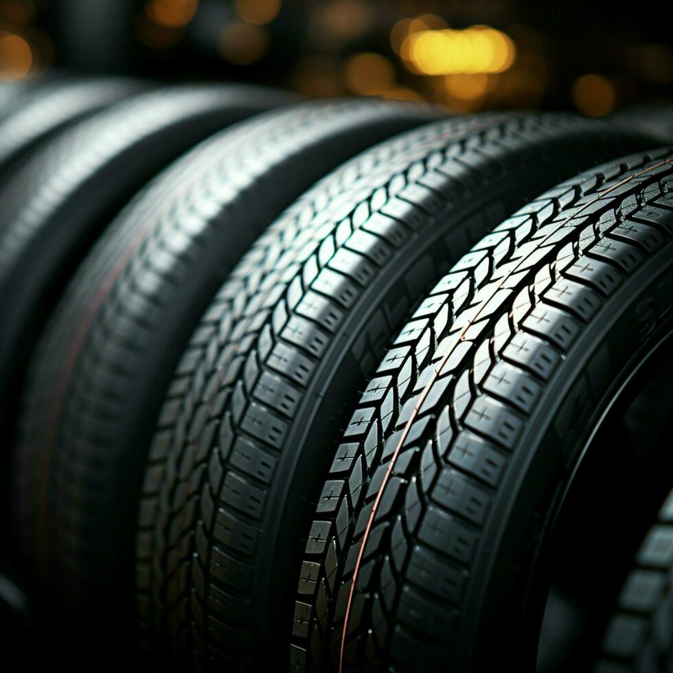 Tread array Closeup shot of bulk car tires in shop, displaying diversity For Social Media Post Size AI Generated photo
