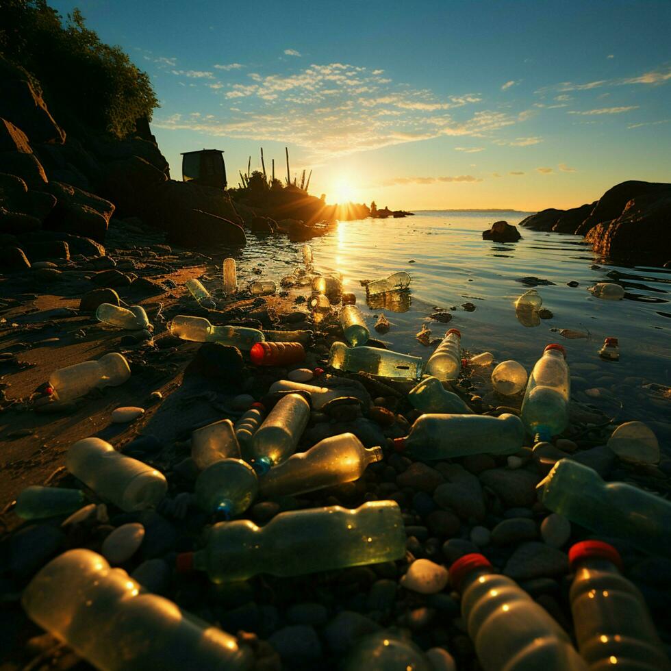 Trash ridden beachscape, plastic bottles accentuating the impact of coastal pollution For Social Media Post Size AI Generated photo