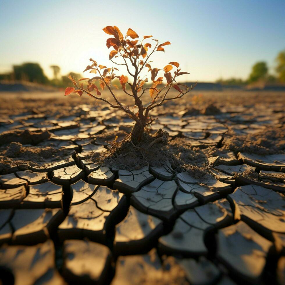 Tree flourishes on cracked ground, signifying water shortage due to climate change For Social Media Post Size AI Generated photo