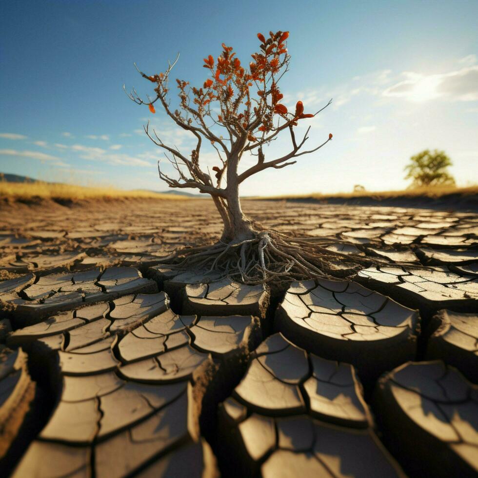 Tree stands in cracked earth, depicting climate crisis, water scarcity from global warming For Social Media Post Size AI Generated photo