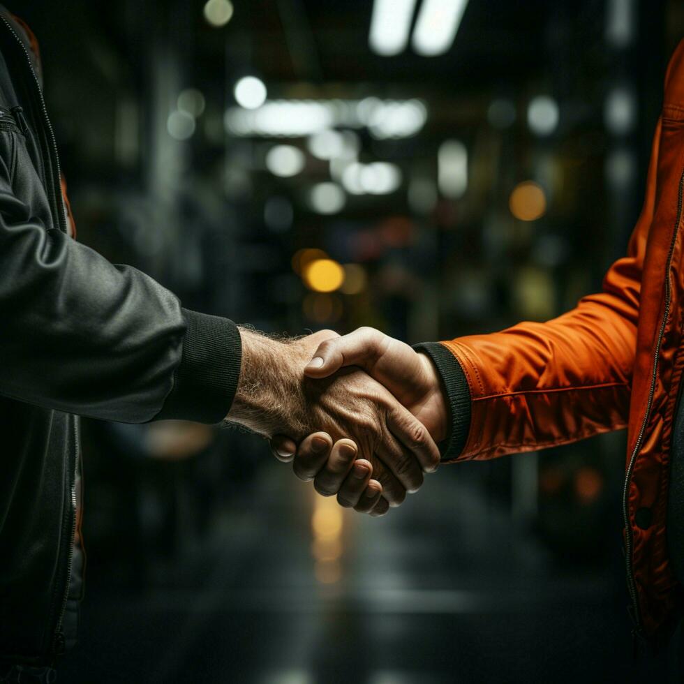 Trust forged Mechanic and client exchange handshake, affirming successful garage repair experience For Social Media Post Size AI Generated photo