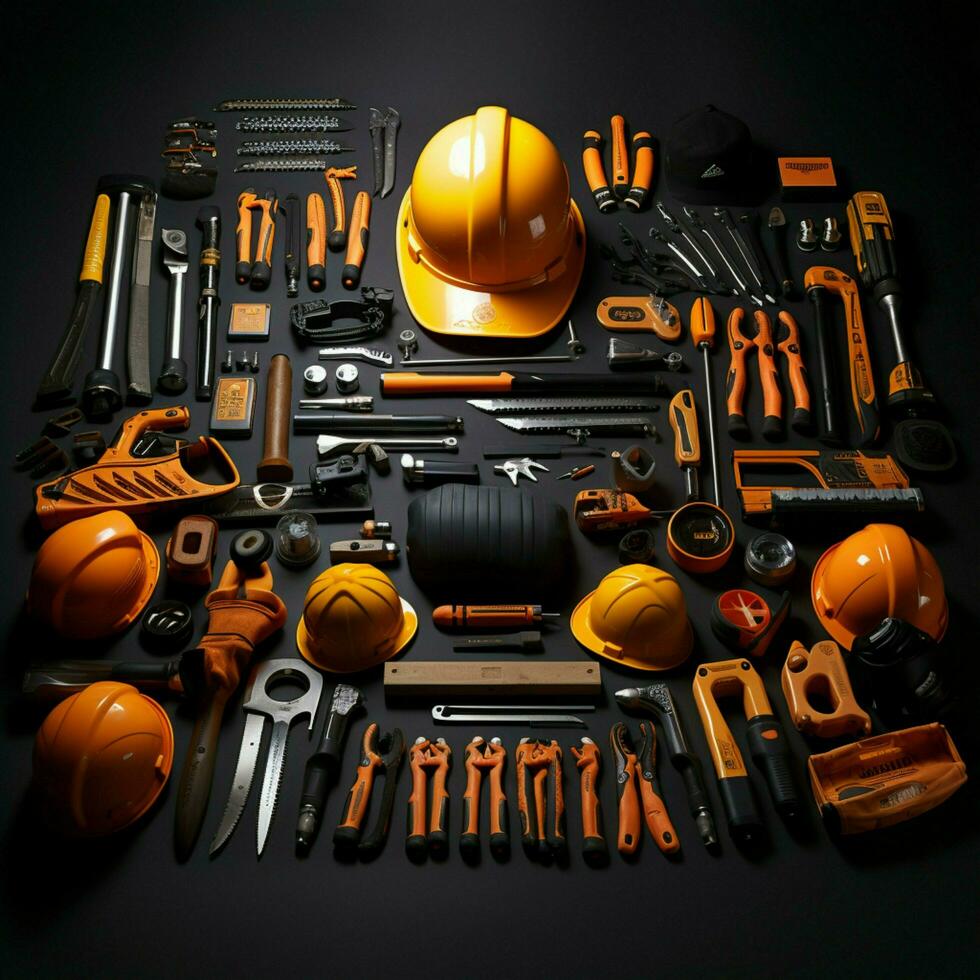 Tribute to laborers Array of construction tools showcased on black backdrop, embracing Labor Day For Social Media Post Size AI Generated photo