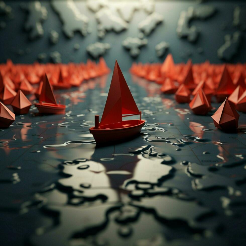 Unity in motion Paper boats follow red leader on world map, symbolizing collaborative success For Social Media Post Size AI Generated photo