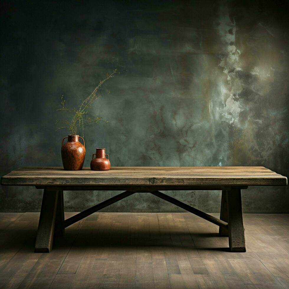 Unoccupied oak table, embraces grunge concrete wall backdrop, a tale of textures For Social Media Post Size AI Generated photo