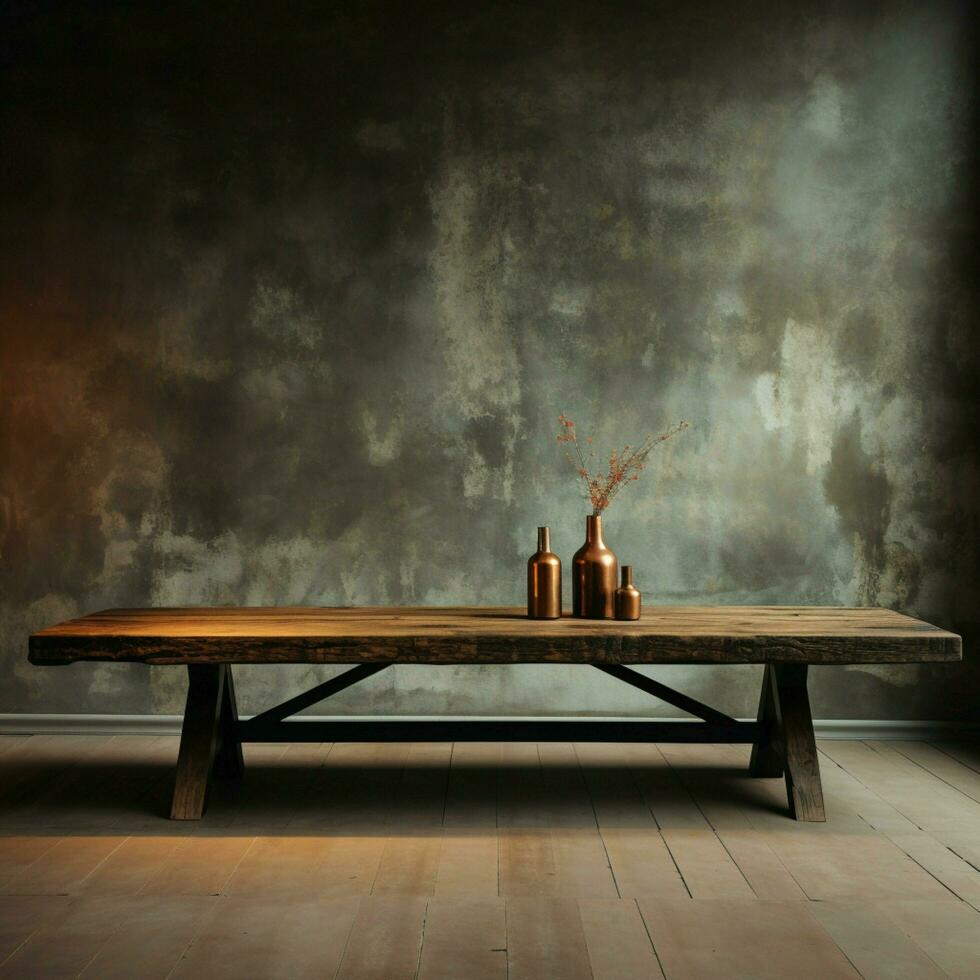 Vacant timber table, rustic warmth aligns with urban concrete wall, visual narrative For Social Media Post Size AI Generated photo