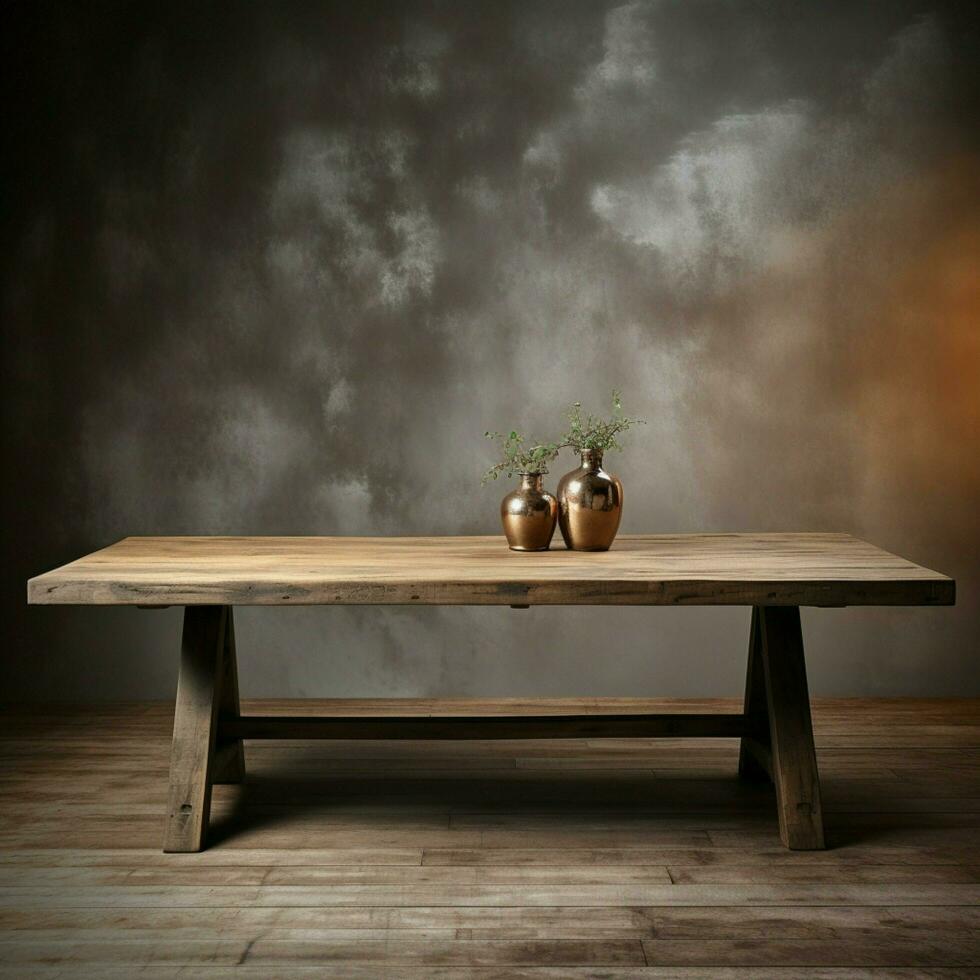 Vacant wooden tabletop, rustic charm meets industrial concrete wall in textured backdrop For Social Media Post Size AI Generated photo