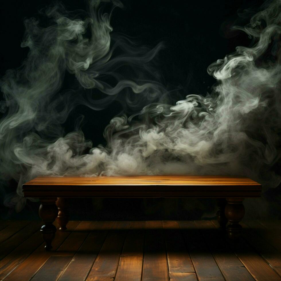 vacante madera mesa, arremolinándose fumar en oscuro fondo, un lona para producto presentación para social medios de comunicación enviar Talla ai generado foto