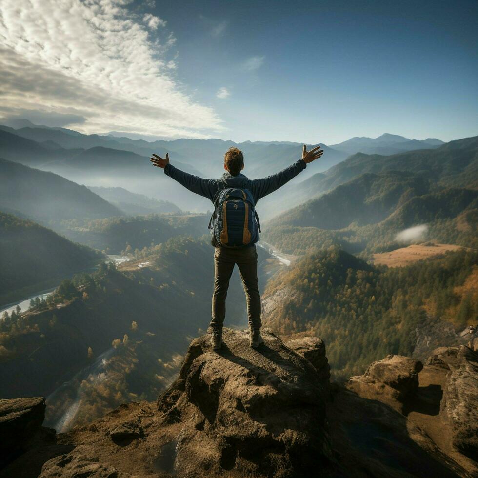 Back view of young slim backpacker tourist man with raised arms standing on rocky traveling and climbing concept For Social Media Post Size AI Generated photo