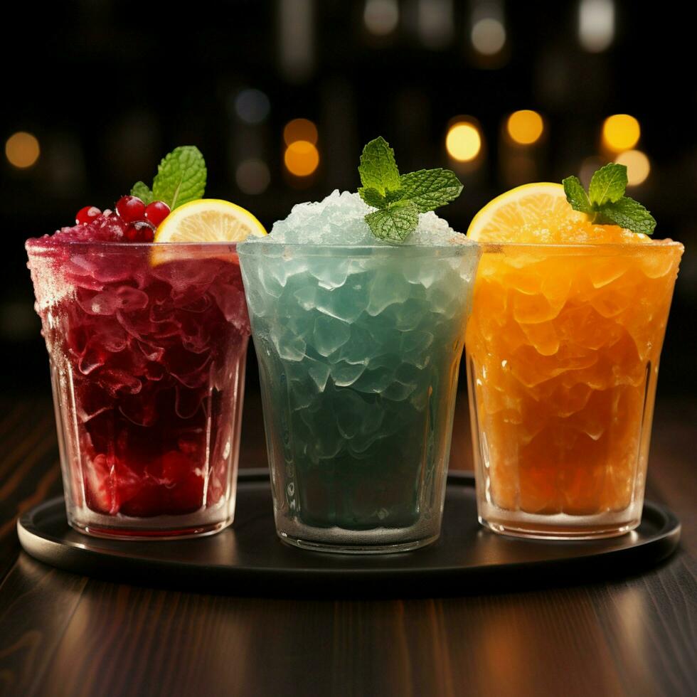 Vibrant icy fruit slush, chilled in cups Colorful refreshment, frozen delight For Social Media Post Size AI Generated photo